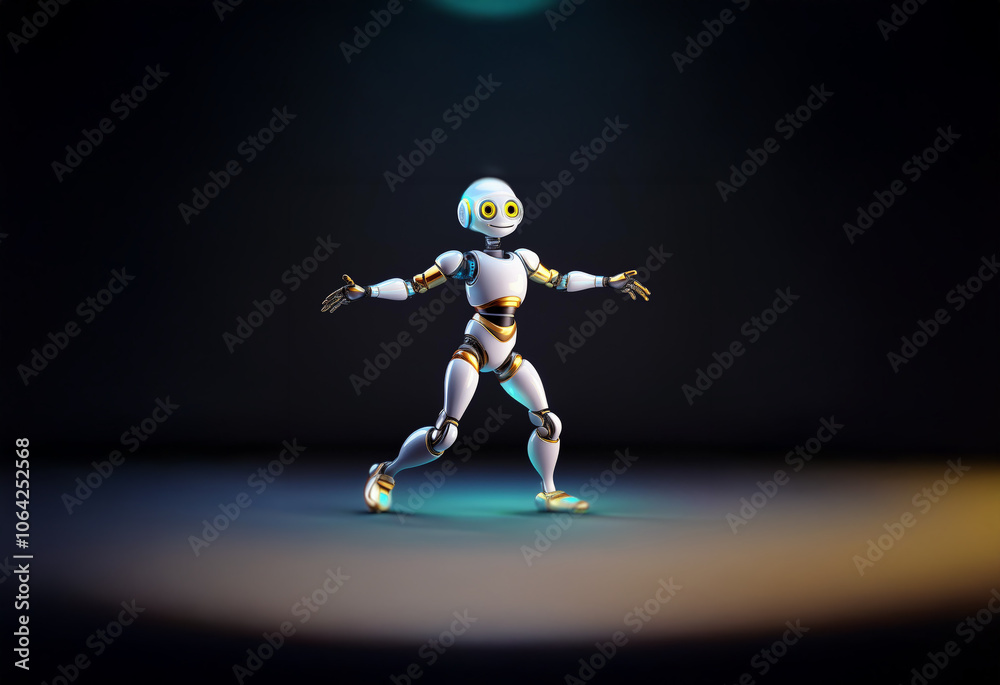 A white and gold robot with large eyes stands in a spotlight on a dark stage with its arms outstretched. A white and gold robot with large eyes stands in a spotlight on a dark stage with its arms outstretched.