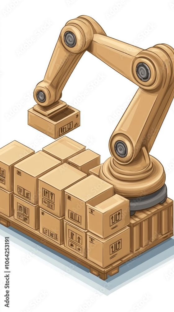 A robot is lifting boxes from a pallet. The boxes are stacked in a warehouse. The robot is a large, mechanical arm A robot is lifting boxes from a pallet. The boxes are stacked in a warehouse. The robot is a large, mechanical arm