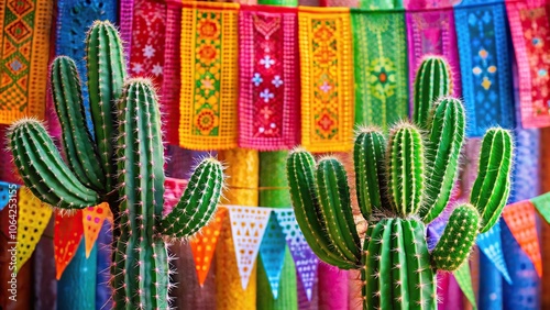 High angle view of cacti with papel picado background