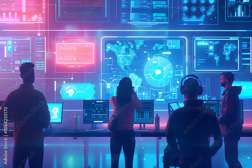 Business people working in futuristic holographic showing network and digital data technology office building. Office interior space. Global communication interface. Business people working in futuristic holographic showing network and digital data technology office building. Office interior space. Global communication interface.