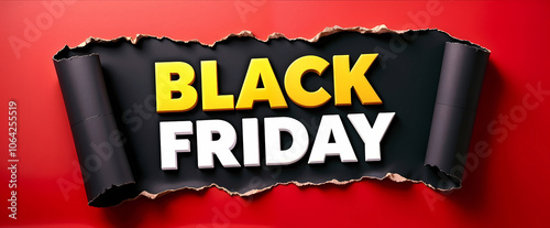Black Friday banner with torn paper effect on a red background and yellow and white typography, ideal for promotion and marketing campaigns.