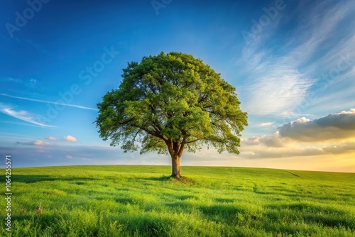 Meadow with single tree and horizon tree in centre, Long Shot