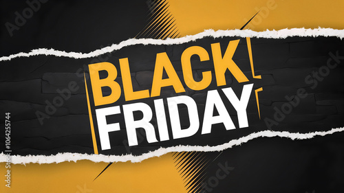 Modern and impactful banner with vibrant colors and visual elements in yellow, white and black with torn paper effect and textured background, to attract consumers and boost sales on Black Friday.