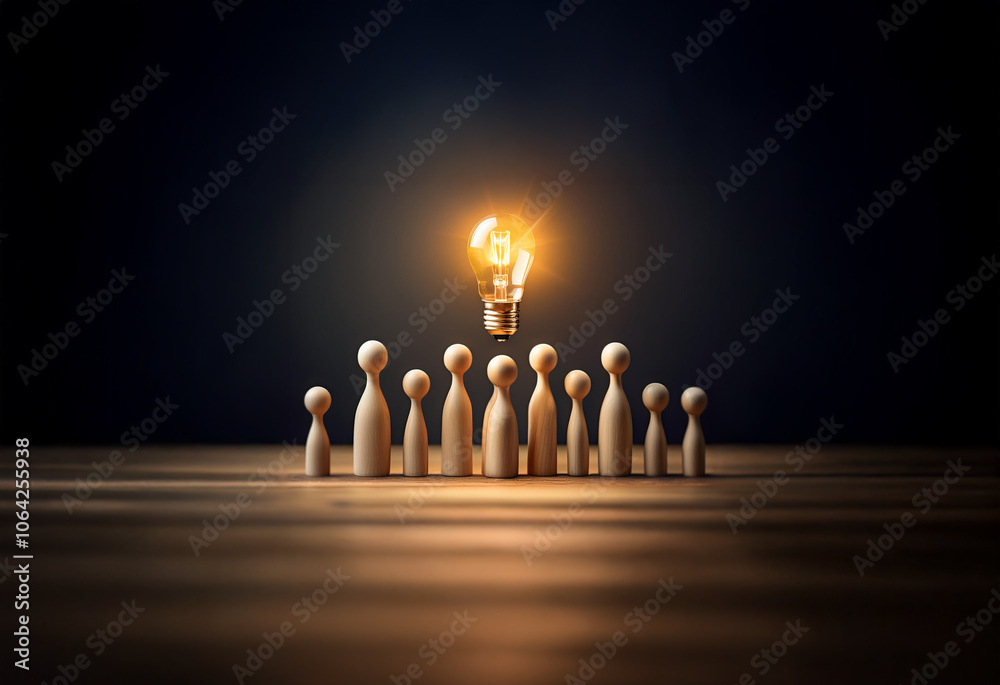 A glowing light bulb illuminates a group of wooden figures on a dark wooden table. A glowing light bulb illuminates a group of wooden figures on a dark wooden table.