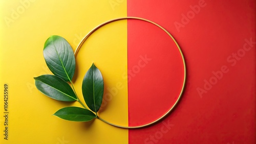Minimalist style background red yellow circle green leave asymmetrical