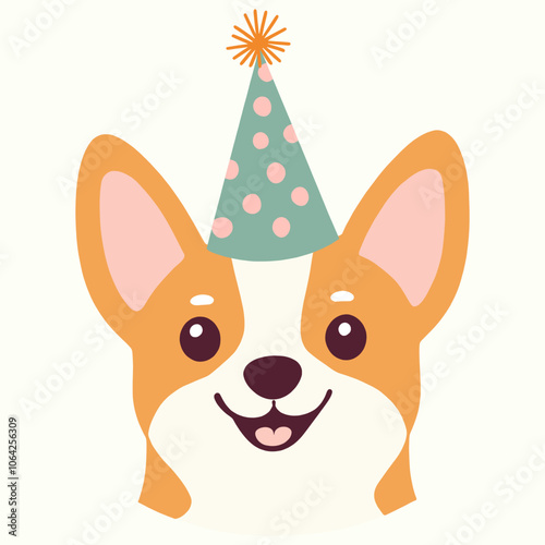 Cute Corgi face Wearing Party Hat isolated on white background, Vector Illustration.