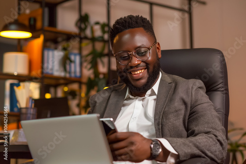 Businessman smiling as he checks his laptop at his office chair