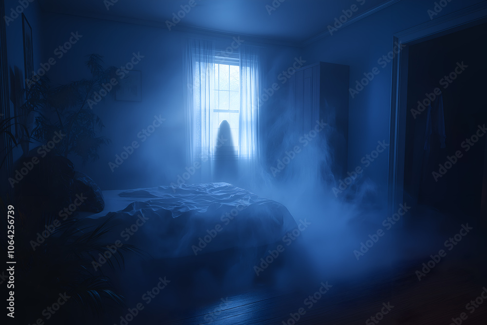 The shadow of a ghost at the bedroom window in the middle of the night when there is only light from the window and fog creating a scary atmosphere. The shadow of a ghost at the bedroom window in the middle of the night when there is only light from the window and fog creating a scary atmosphere.