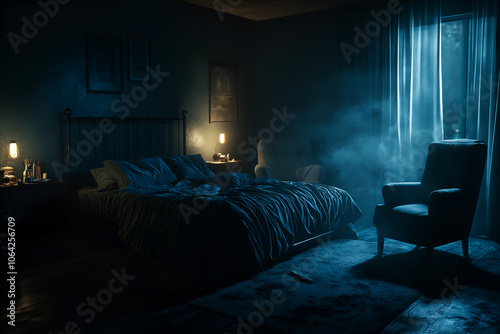 The bedroom has a scary atmosphere. The lights are off, but there is light coming from the window. The smoke floats around like a ghost. photo