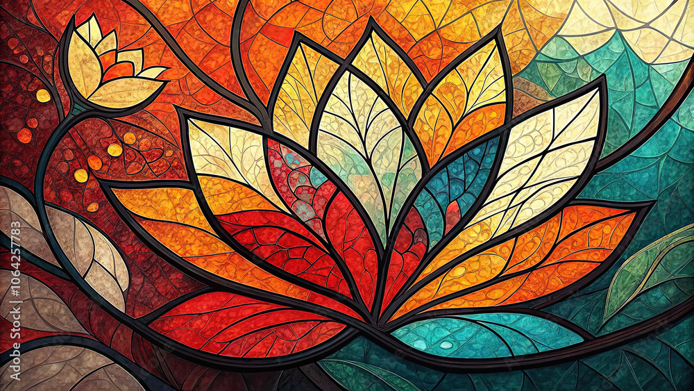 Colorful abstract art piece resembling stained glass with floral patterns Colorful abstract art piece resembling stained glass with floral patterns