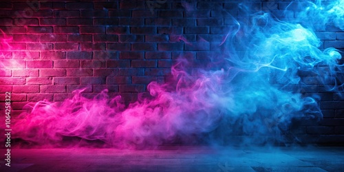 Neon lights illuminating wall of smoke in pink and blue haze