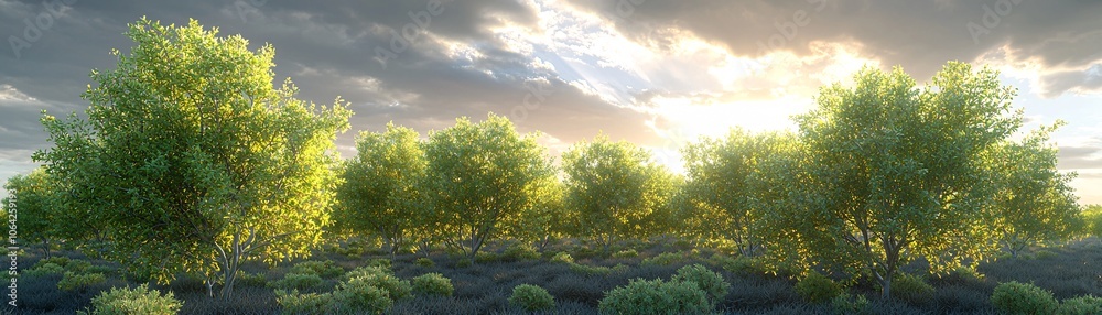 Lush Green Trees In A Meadow At Sunset With Cloudy Sky Lush Green Trees In A Meadow At Sunset With Cloudy Sky
