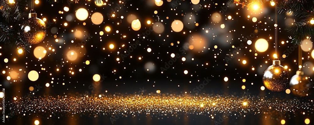 Naklejka premium Festive Christmas Background with Gold Ornaments and Sparkling Lights