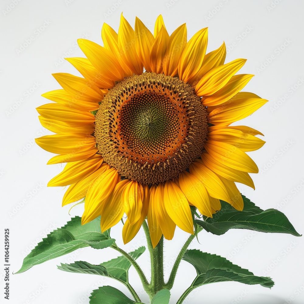Obraz premium Solitary yellow sunflower with bold petals radiating against a blank white backdrop, emphasizing its bright and cheerful presence. Floral vibrancy concept