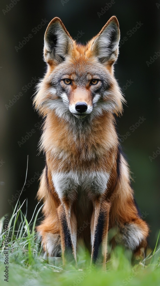 Fototapeta premium A close-up of a majestic fox sitting in a lush green environment, showcasing its striking fur and keen eyes.