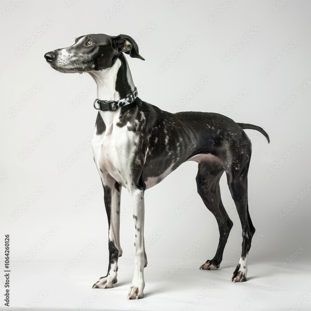 A playful greyhound captured on a light background, highlighting its athletic build and swift gracefulness. A playful greyhound captured on a light background, highlighting its athletic build and swift gracefulness.