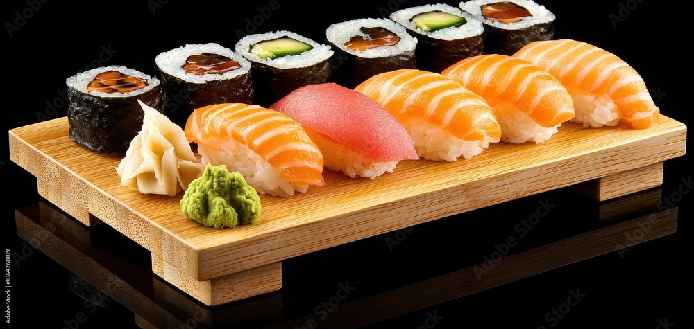 Assorted sushi rolls and sashimi on a wooden platter, black background. Assorted sushi rolls and sashimi on a wooden platter, black background.