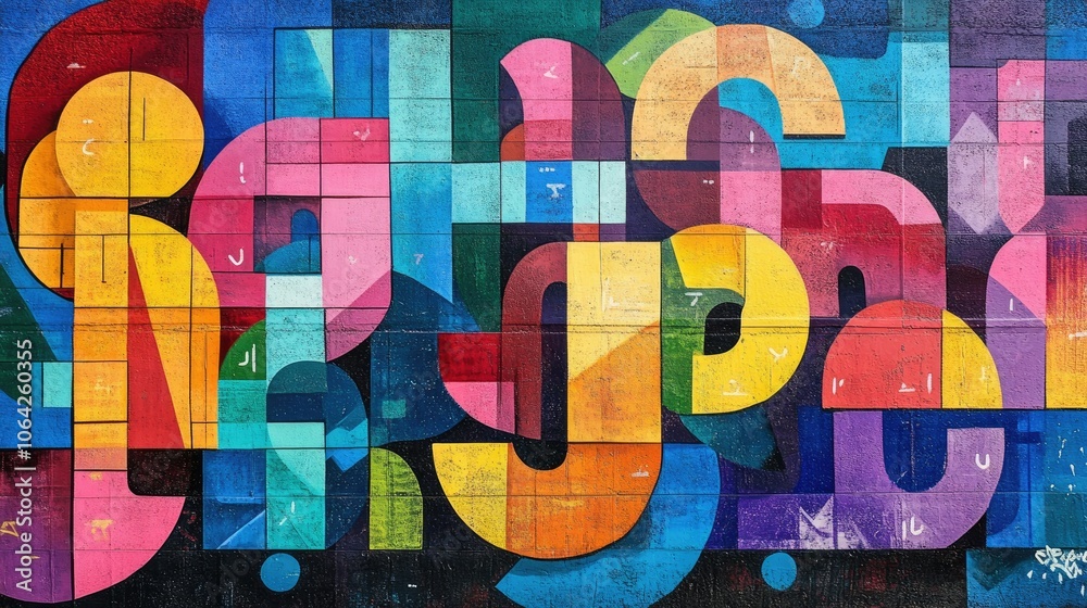Fototapeta premium A colorful abstract mural featuring letters in various sizes and colors, bold geometric shapes, and dynamic patterns.