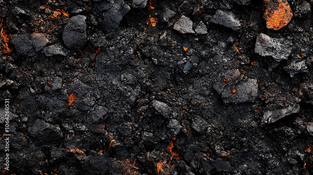 Blackened soil with hints of red ash burnt earth texture