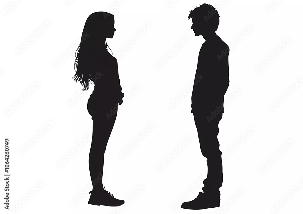 Silhouette of a young couple standing and looking at each other, isolated on a white background. Silhouette of a young couple standing and looking at each other, isolated on a white background.
