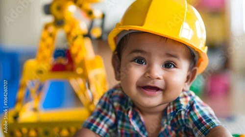 cute indian baby boy playing with toy crane wearing yellow construction hat or hard hat, childhood and education concept. 