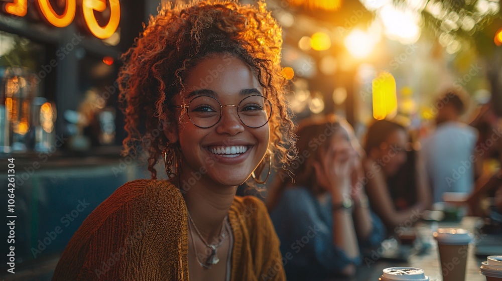 Happy Young Woman with Glasses Smiling at Cafe Table Happy Young Woman with Glasses Smiling at Cafe Table