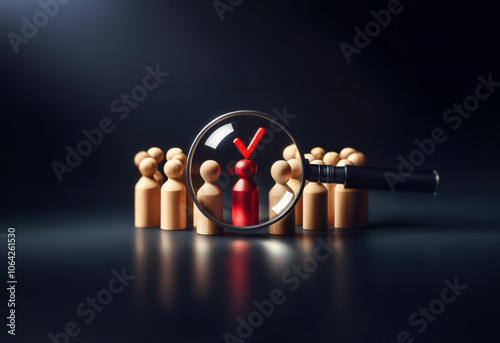 A magnifying glass focuses on a single red wooden figure standing out from a group of similar brown figures. photo