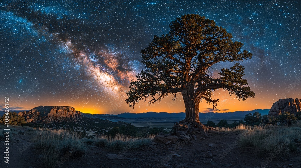 Majestic Tree Silhouette Against Milky Way Galaxy Night Sky Desert Landscape Majestic Tree Silhouette Against Milky Way Galaxy Night Sky Desert Landscape