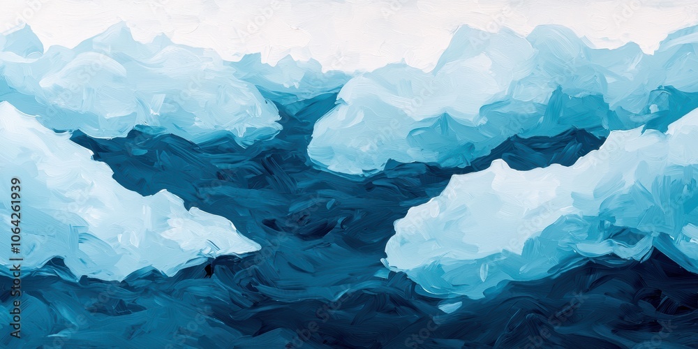 An artistic depiction of icy blue glaciers floating on dark ocean water. An artistic depiction of icy blue glaciers floating on dark ocean water.