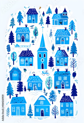 Whimsical Holiday Card Featuring Cheerful Village Scene