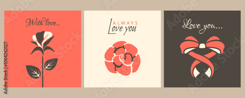 Valentines day posters. Set of Trendy greeting cards for 14 February holiday. Romantic cards designs with rose, cute bow, love text. Festive background in retro style. Vector flat illustration