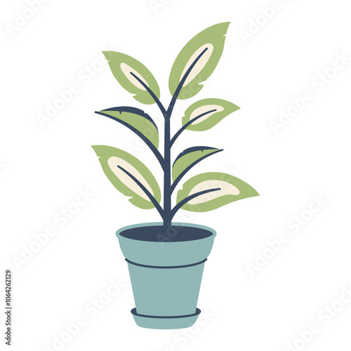 Potted flower plant with green fresh leaves. Flower pot icon.  Houseplant in decorate color pot. Flowerpot isolated on white background. Vector illustration