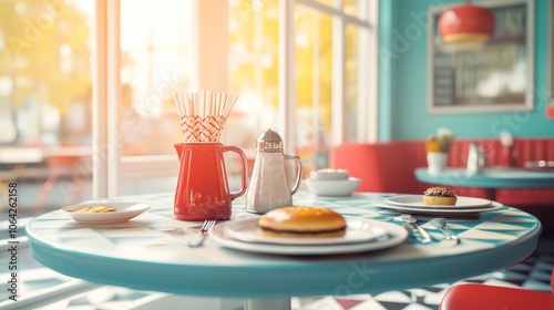 An empty scene featuring blank mockup template (Vintage Diner Table Setting for National Fast Food Day), 