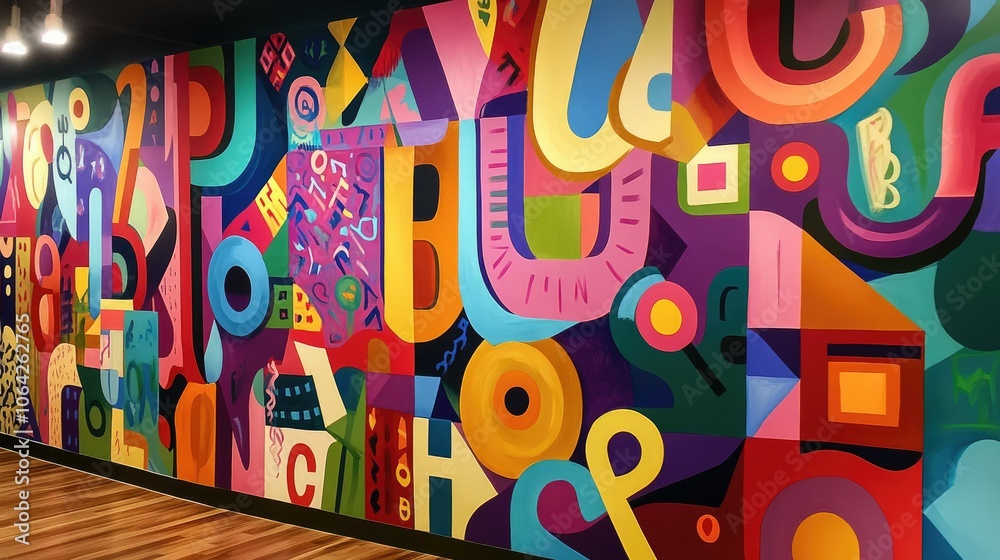 Wall mural with colorful letters, shapes, and flowing patterns, painted in bright, bold hues with geometric designs. Wall mural with colorful letters, shapes, and flowing patterns, painted in bright, bold hues with geometric designs.