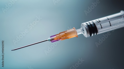 Close-up of a syringe with a needle, used for medical injections, on a blurred background.