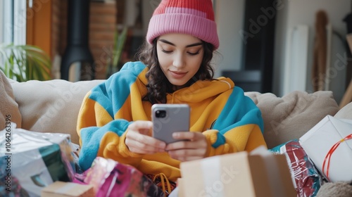 Gen Z influencer filming live shopping haul in cozy setting