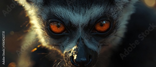 Close-up portrait of a lemur with vibrant orange eyes, showcasing intricate facial details. photo