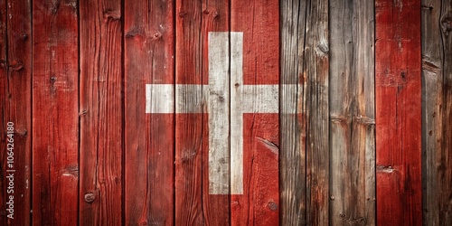 A weathered wooden surface painted red with a white cross symbol, evoking a sense of history and heritage.