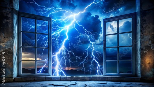 A weathered stone windowsill frames a panoramic view of a storm raging outside, illuminated by bolts of lightning that crackle across the sky.