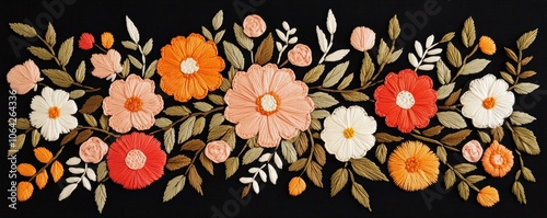 Colorful embroidered flowers on a black background, showcasing vibrant floral designs with leaves.
