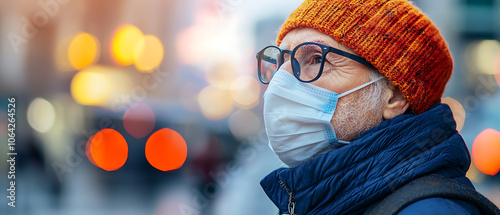 Elderly person walks through smoggy city wearing a mask photo