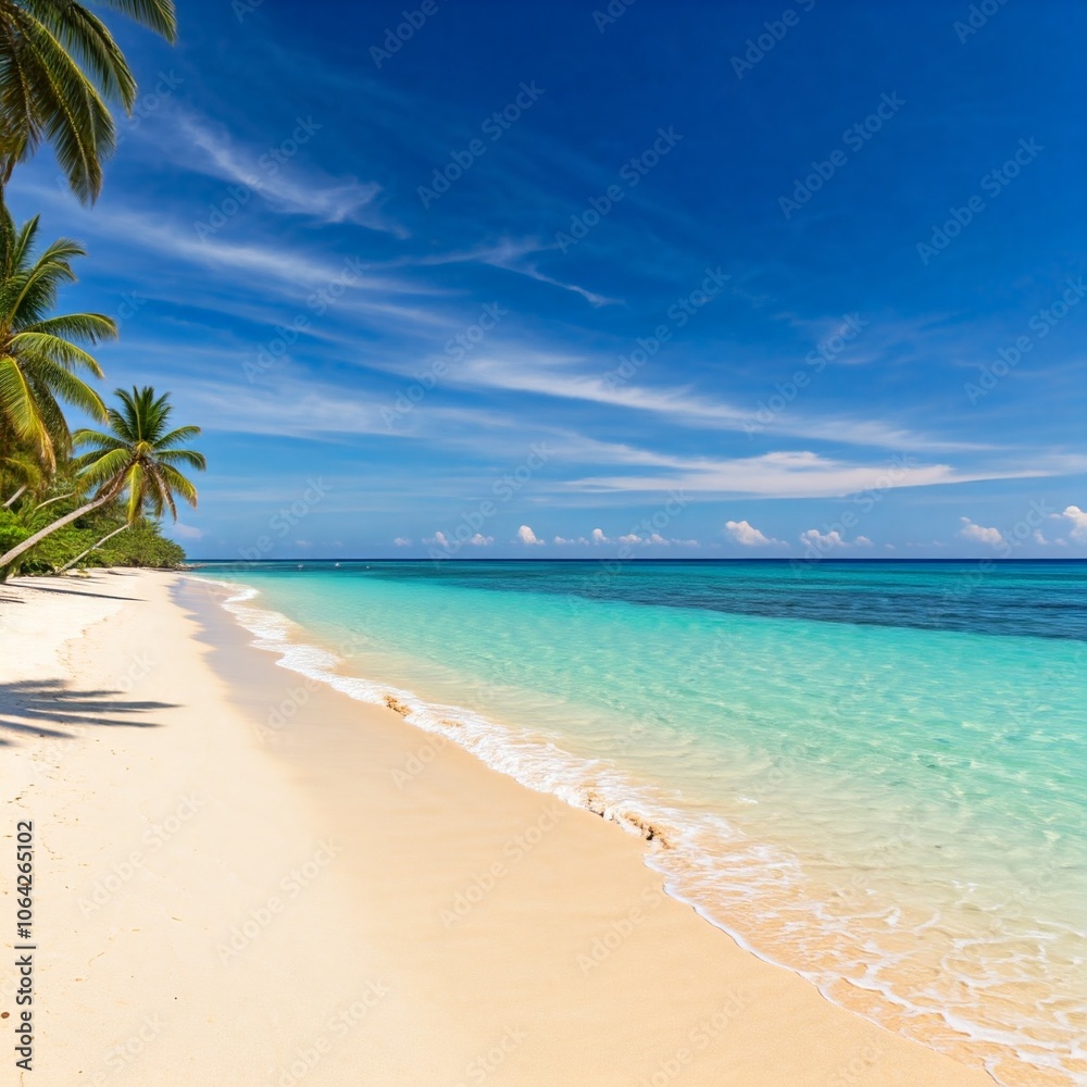 tropical beach paradise with palm trees clear blue sky and turquoise ocean water tropical beach paradise with palm trees clear blue sky and turquoise ocean water