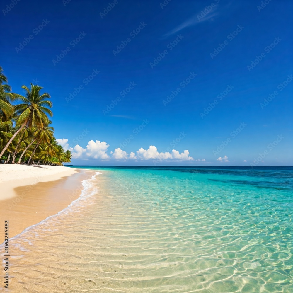 Fototapeta premium crystal clear turquoise water with palm trees on a white sandy beach in the caribbean