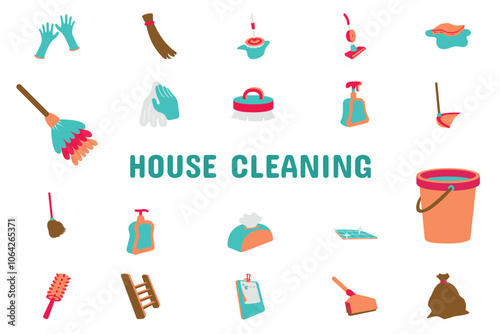 House Cleaning Flat Vector Illustration Icon Sticker Set Design Materials