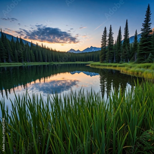 serene sunset reflection on calm mountain lake with tall evergreen trees and lush green grass in foreground