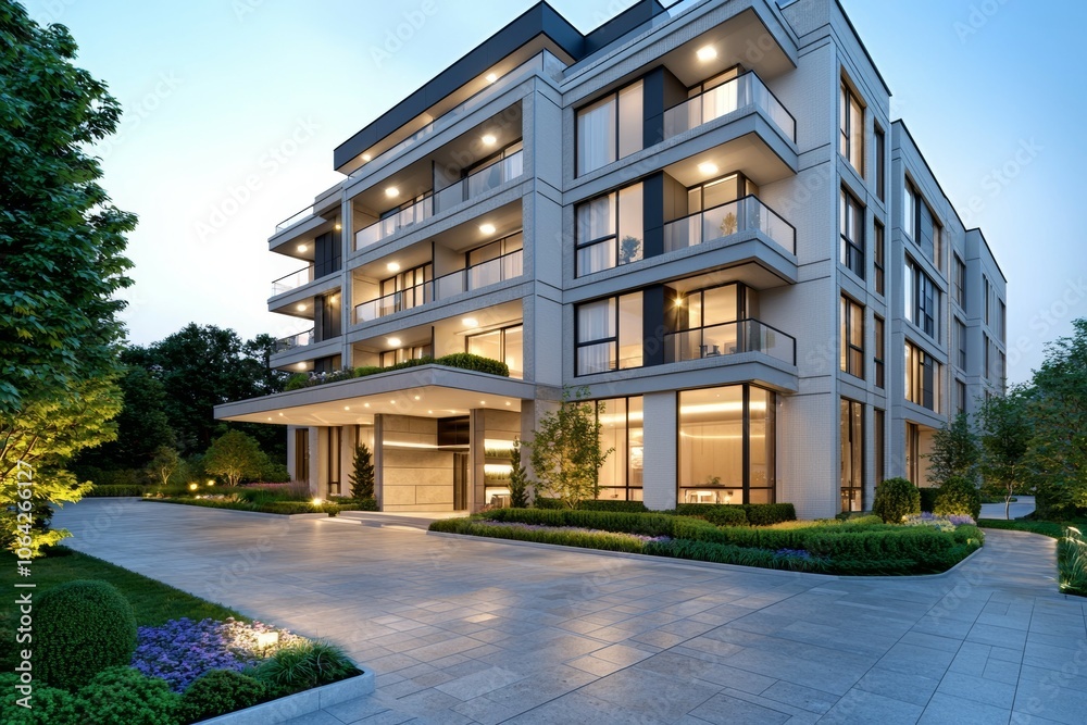 A large apartment building with a large front porch and a large parking lot A large apartment building with a large front porch and a large parking lot