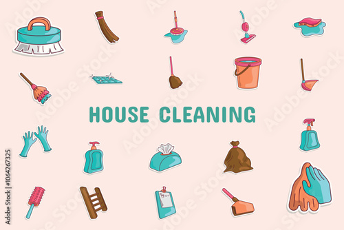 House Cleaning Lineal Color Vector Illustration Icon Sticker Set Design Materials
