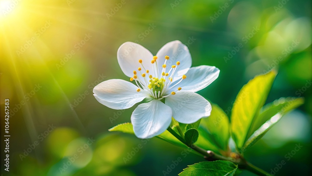 A Single Delicate White Flower Bathed in Soft Sunlight, Surrounded by Lush Greenery, Evokes a Sense of Tranquility and Natural Beauty A Single Delicate White Flower Bathed in Soft Sunlight, Surrounded by Lush Greenery, Evokes a Sense of Tranquility and Natural Beauty