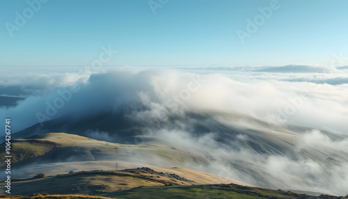 Fog rolling over Whernside peak, creating a mystical and ethereal landscape isolated with white shades, png