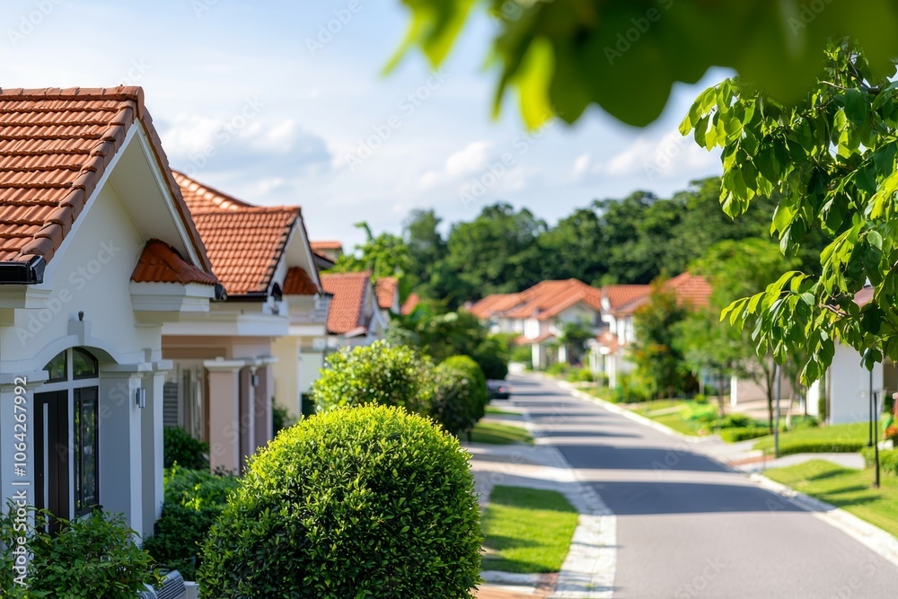 A row of houses with green bushes in front of them A row of houses with green bushes in front of them